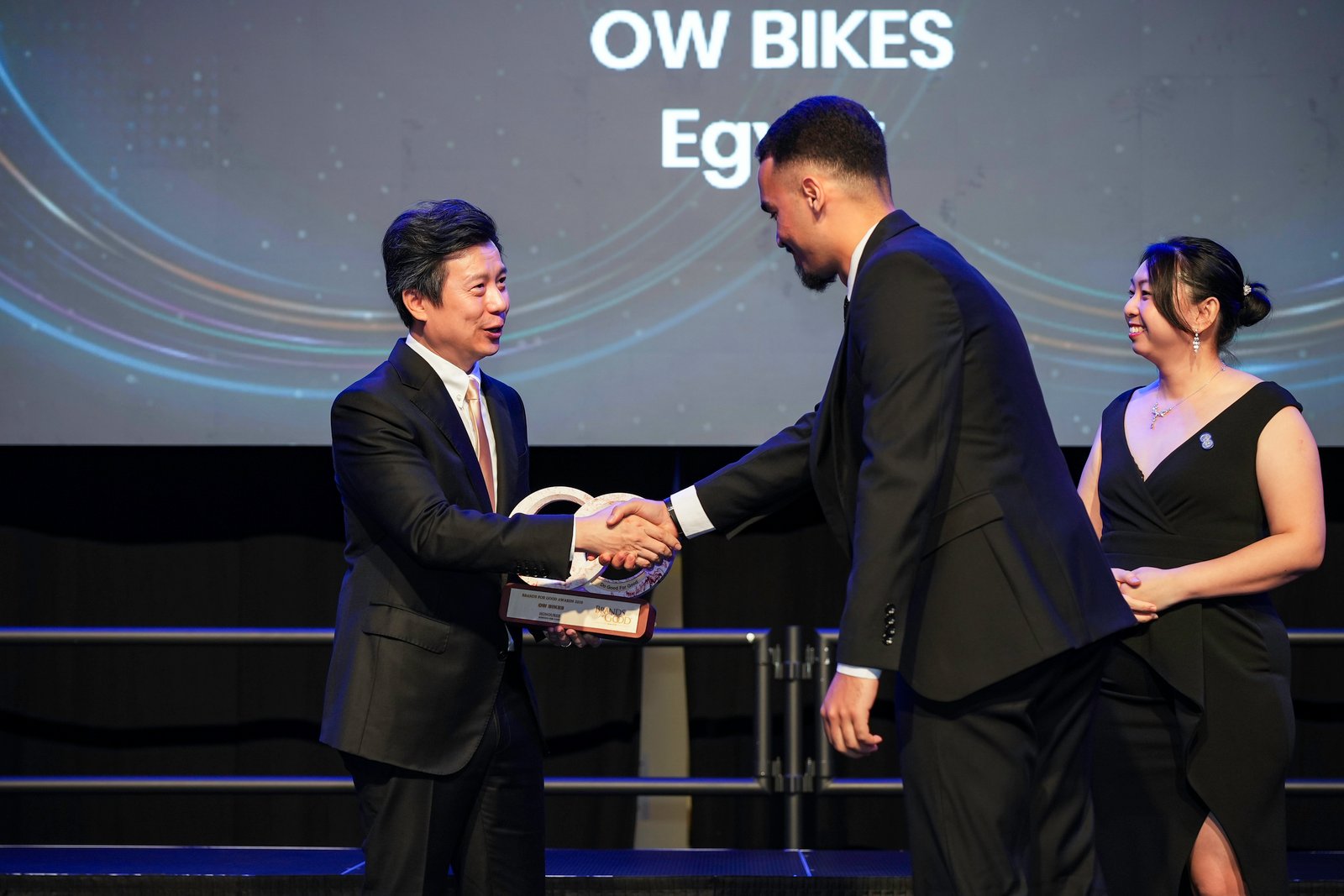 Formal award handshake on stage